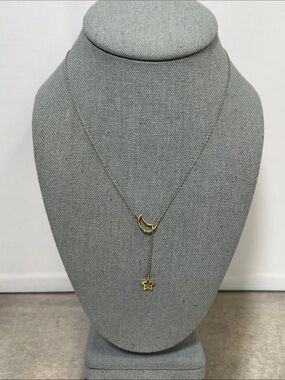 Delicate Gold Moon & Star on Silver Lariat Necklace